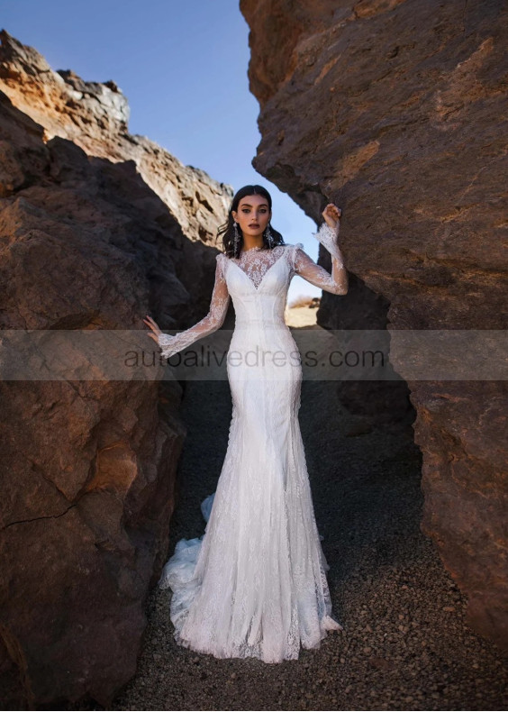 Long Sleeves Ivory Eyelash Lace Dreamy Wedding Dress